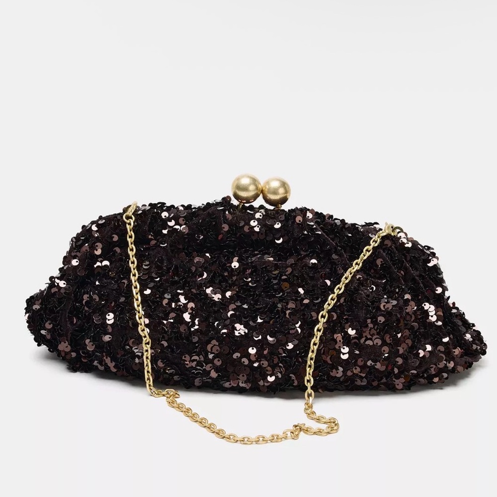 ZARA SEQUIN CLUTCH Brown NWOT
